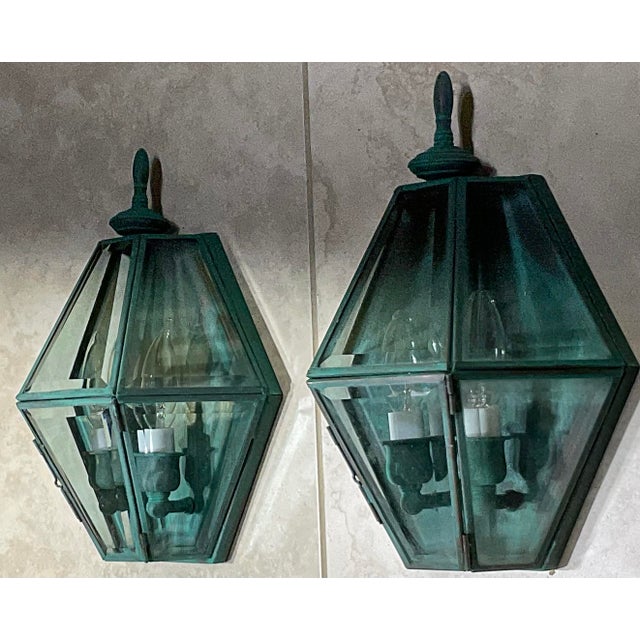 1970s Pair of Vintage Solid Brass Verdigris Hexagonal Wall Sconces For Sale - Image 5 of 16