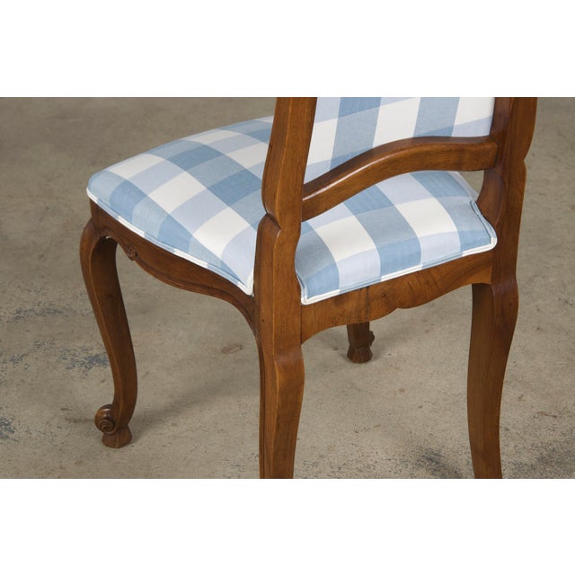 19th Century French Louis XV Style Walnut Dining Chairs in Light Blue Plaid - Set of 8 For Sale - Image 12 of 12