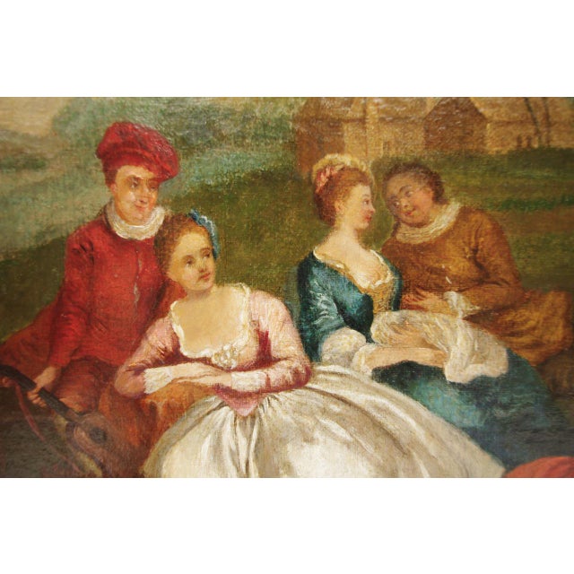 Nicolas Lancret, in the taste of. Oil on canvas representing a romantic scene with five female characters and two males in...