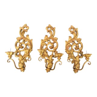 Vintage Italian Florentine Two-Candle Wall Sconces- Set of 3 For Sale