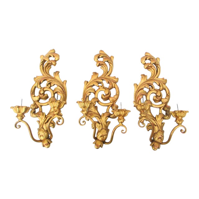 Vintage Italian Florentine Two-Candle Wall Sconces- Set of 3 For Sale