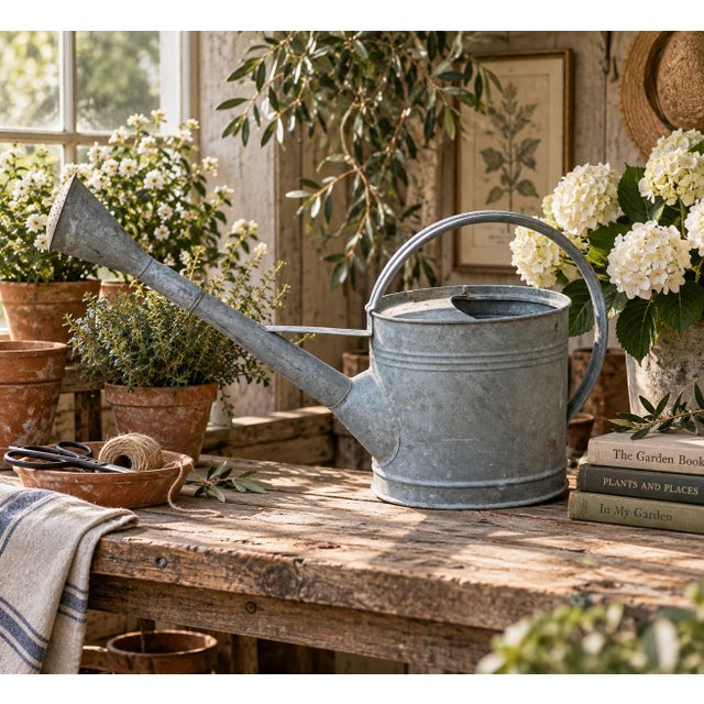 A beautifully weathered galvanized steel watering can dating to the 1940s, featuring a gracefully arched copper handle,...