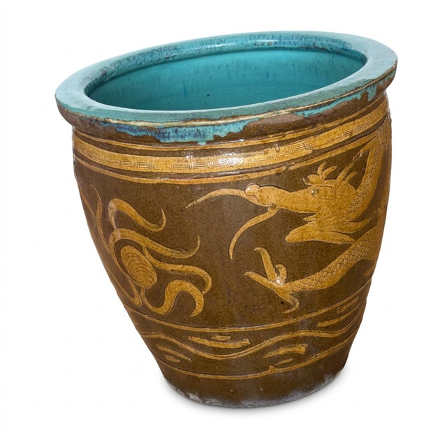 Chinese Antique Chinese Dragon Egg Art Pottery Dragon Jardinière Planter For Sale - Image 3 of 11