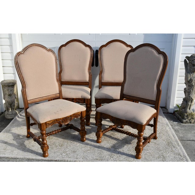 Vintage (1980's) Set of Four High Back Dining Side Chairs have a Country French Style. Made by Bernhardt. Carved Wood....