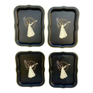 Vintage 1950s Mini Metal Toleware Trays W/ Christmas Angel - Set of 4 For Sale