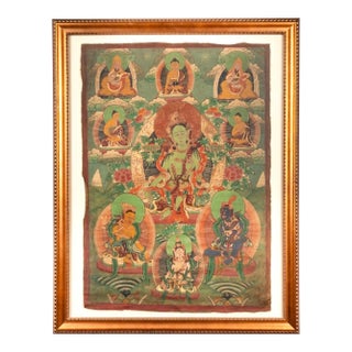 19th Century Tibetan Green Tara Thangka Painting on Cotton, Framed For Sale