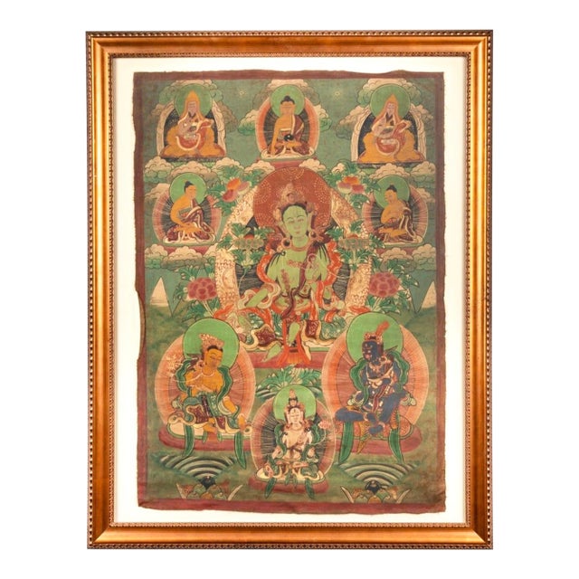 19th Century Tibetan Green Tara Thangka Painting on Cotton, Framed For Sale