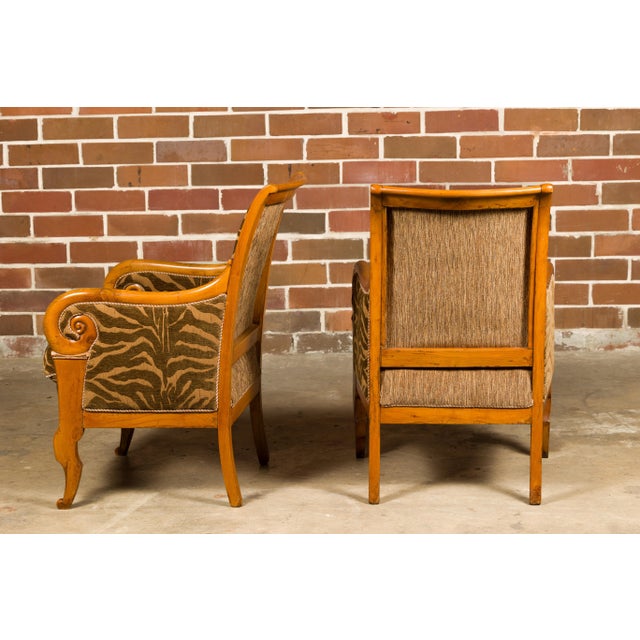 Brown French Walnut 19th Century Bergère Chairs with Carved Arms and Zebra Upholstery For Sale - Image 8 of 12