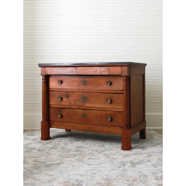 French Provincial 19th C French Empire Walnut Commode With Black Marble Top For Sale - Image 3 of 12