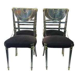 Vintage Mid Century Maison Jansen Steel Dining Chairs With Brass Accents - Set of 4