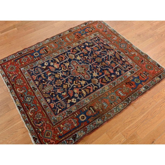 1900 4'6"x5'6" Blue Antique Persian Heriz Hand Knotted Wool Worn Down Oriental Rug For Sale - Image 4 of 8