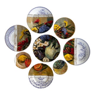 "Yellow-Red-Lilac Still Life" Contemporary Installation of Ceramic Plates and Oil on Canvas - Set of 8 For Sale