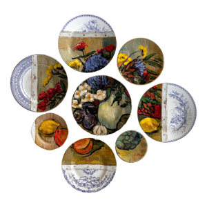 "Yellow-Red-Lilac Still Life" Contemporary Installation of Ceramic Plates and Oil on Canvas - Set of 8