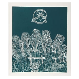 Manuel Izquierdo Night Festival (Green) Woodcut For Sale