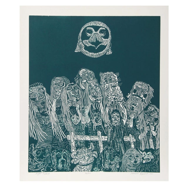 Manuel Izquierdo Night Festival (Green) Woodcut For Sale