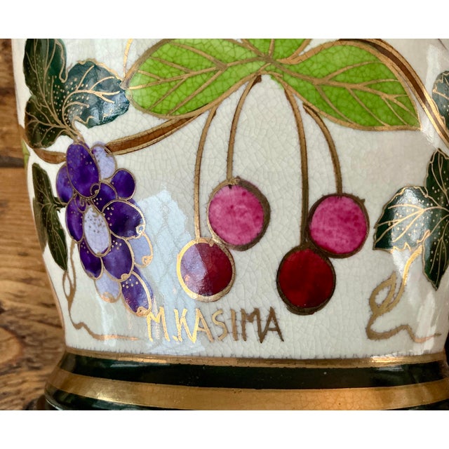 1980s Pair of 1980s M. Kasima Signed Porcelain Lamps With Botanical and Tassel Design For Sale - Image 5 of 12