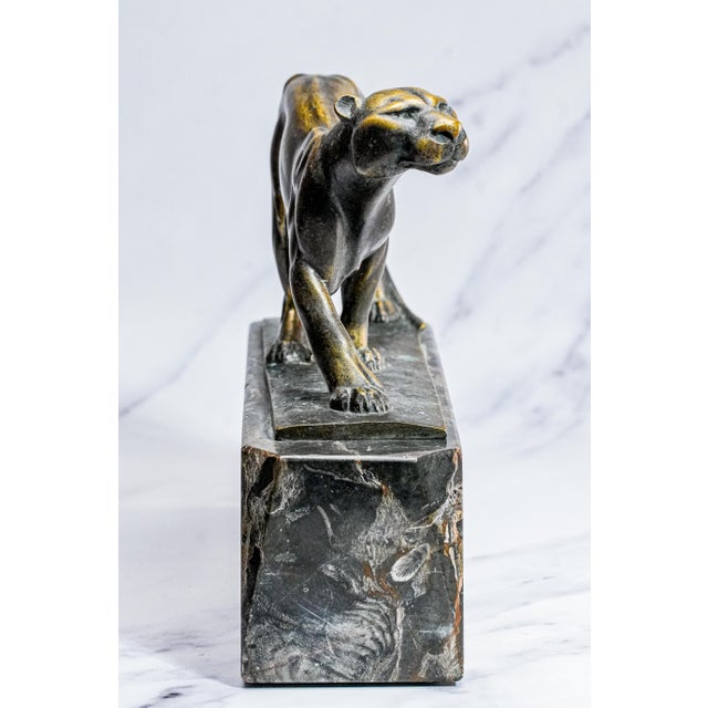 Commanding Art Deco Style Antique Bronze Panther Statue Sculpture Marble Base Luxury Home Decor For Sale - Image 13 of 18