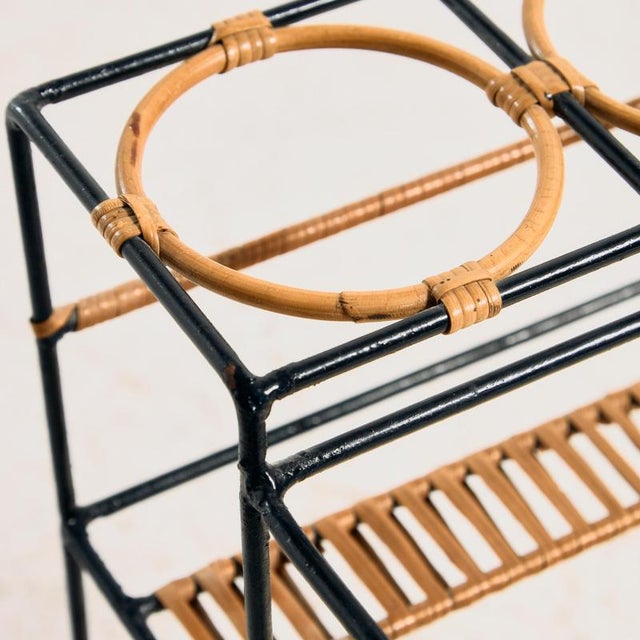 Rustic Metal Trolley with Bamboo and Wicker Details, 1960s For Sale - Image 3 of 11