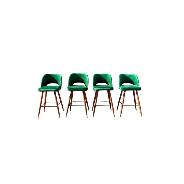 Set of 4 Mid-Century Barstools | Green Velvet Brass Accent Bar Stools For Sale - Image 6 of 7