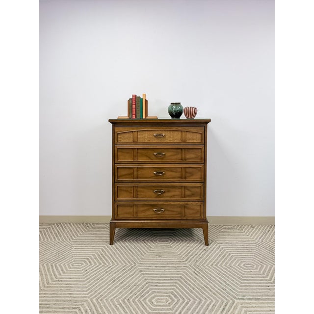 Dixie MCM Tallboy Dresser Woven Drawer Fronts Brass Pulls Vintage Furniture For Sale - Image 9 of 11