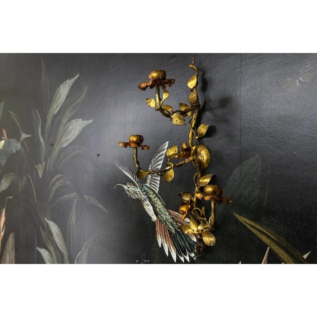 Hollywood Regency Gilt Tole Metal Triple-Arm Floral Wall Candle Sconce, 1970s For Sale - Image 12 of 18