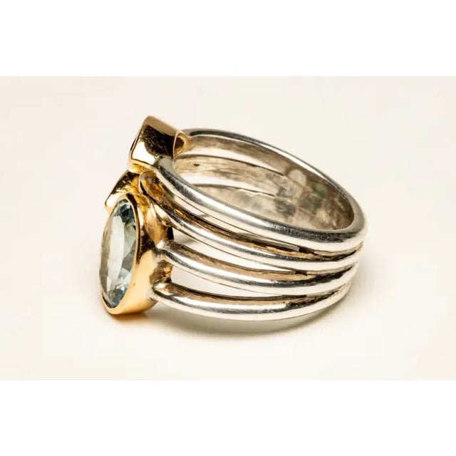 18k Gold and Sterling Cluster Ring With Aquamarine, Amethyst & Green Tourmaline For Sale - Image 4 of 5