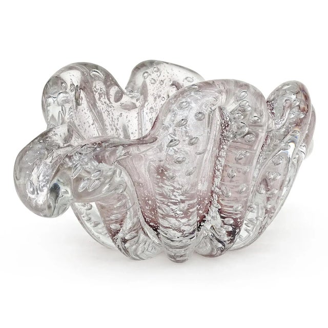 Beautiful vintage Murano hand blown soft purple / lavender, controlled bubbles and silver flecks Italian art glass flower...