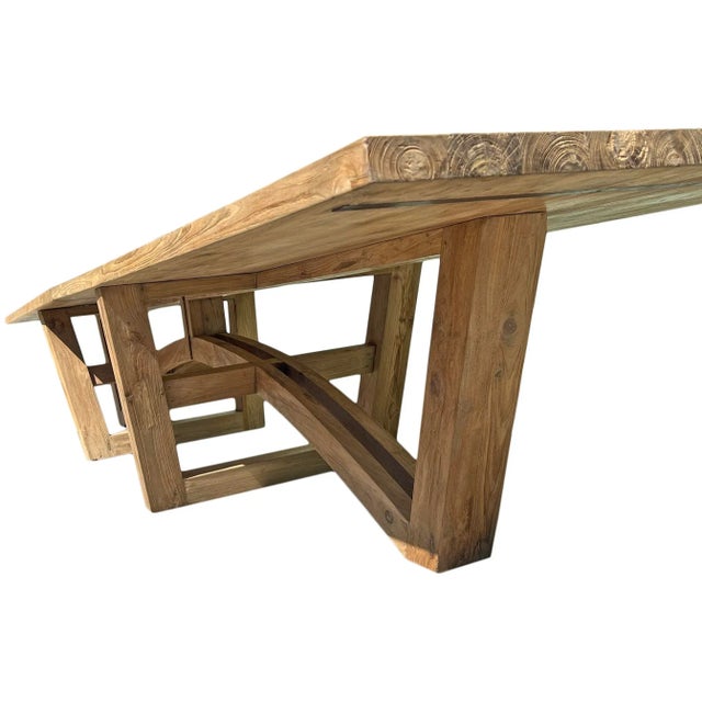 Extra large vintage teak wood bow trestle outdoor dining table. Beautiful natural finish and wood grain. When left exposed...