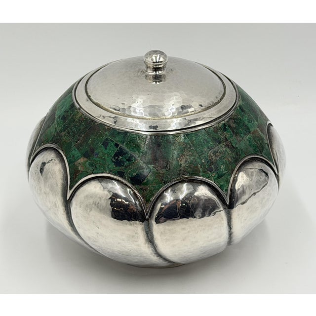 Mid 20th Century Los Castillo Taxco Malachite Silver Plate Lidded Bowl, Mexican Modernist Silver For Sale In Los Angeles - Image 6 of 18