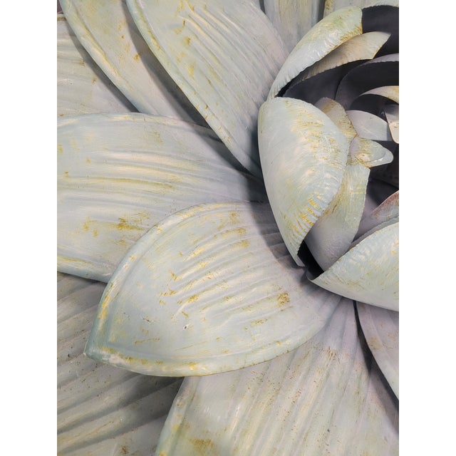 Monumental Sized Distressed Pale Blue, Green 3d Sculptural Metal Wall Lotus Flower Decor For Sale - Image 11 of 12