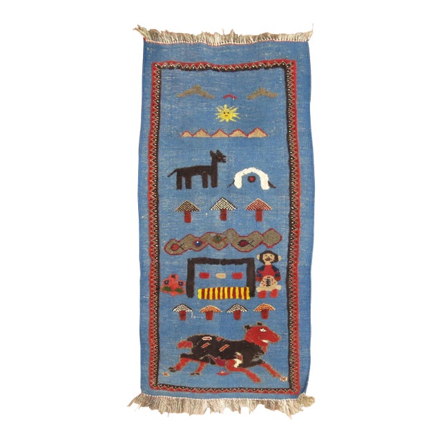 Vintage Zabihi Collection Blue Persian Souf Pictorial Kilim - 1'8" x 3'2" For Sale