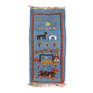 Vintage Zabihi Collection Blue Persian Souf Pictorial Kilim