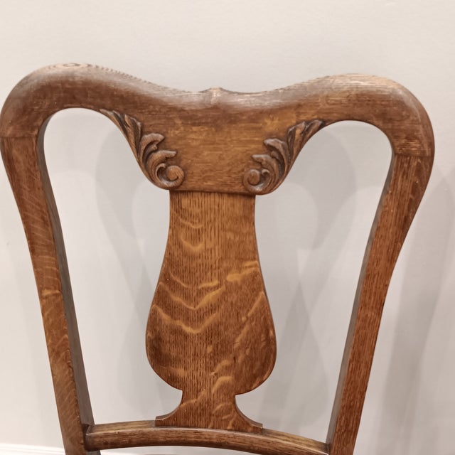 Antique Quarter Sawn Oak Side Chairs With Hand Carved Motif on Each Side and Nailhead Stud Surround Tapestry Seat and Claw Feet For Sale - Image 9 of 18