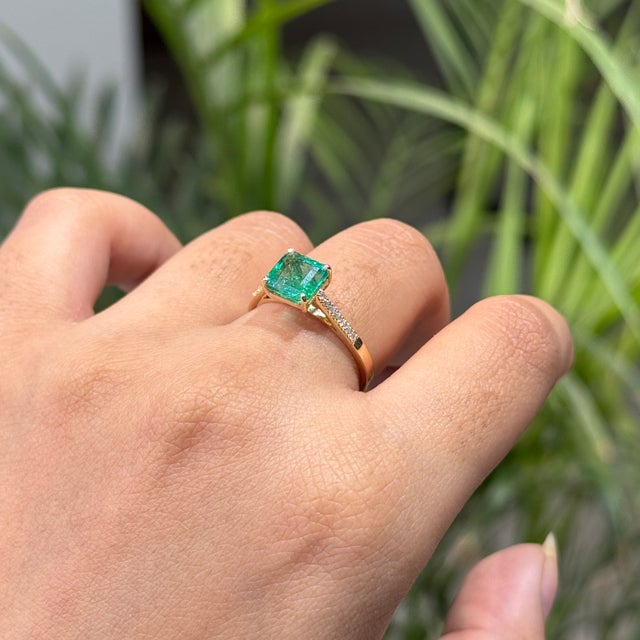 Victorian 1.63ct Square Cut Zambian Emerald Diamond 14k Gold Victorian Engagement Ring Size 5 For Sale - Image 3 of 18