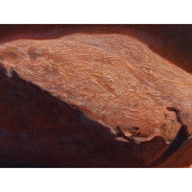 This oil on canvas artwork features a striking interplay between a large, weathered rock formation and a solitary tree,...