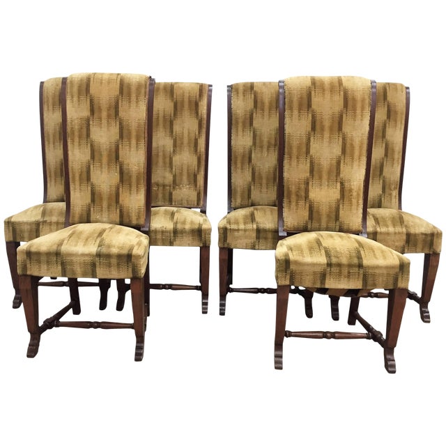 Six French Deco Dark Walnut Refinished Tall Back Dining Chairs For Sale