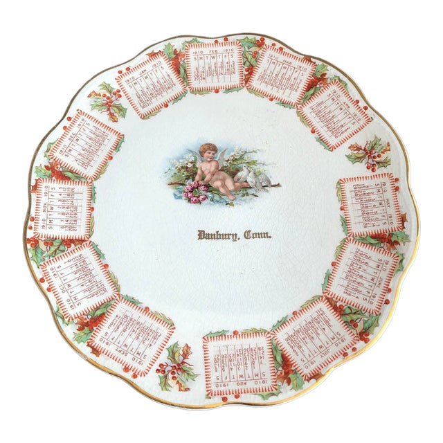 1910 Christmas Winter Connecticut Calendar Plate For Sale