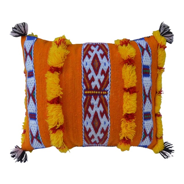 Vintage Moroccan Orange & Blue Stripes Wool Pillow For Sale