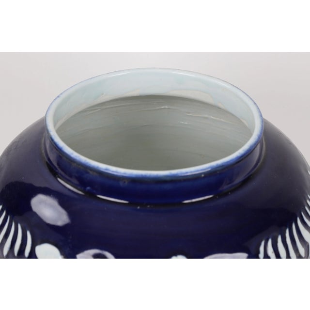 20th Century Chinese Cobalt blue glaze with white inscription Fish & Seaweed Design Jar