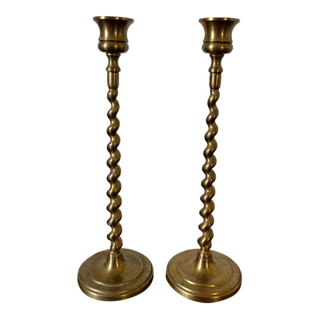Pair of Polished Brass English Barley Twist Candlesticks, 19th Century For Sale