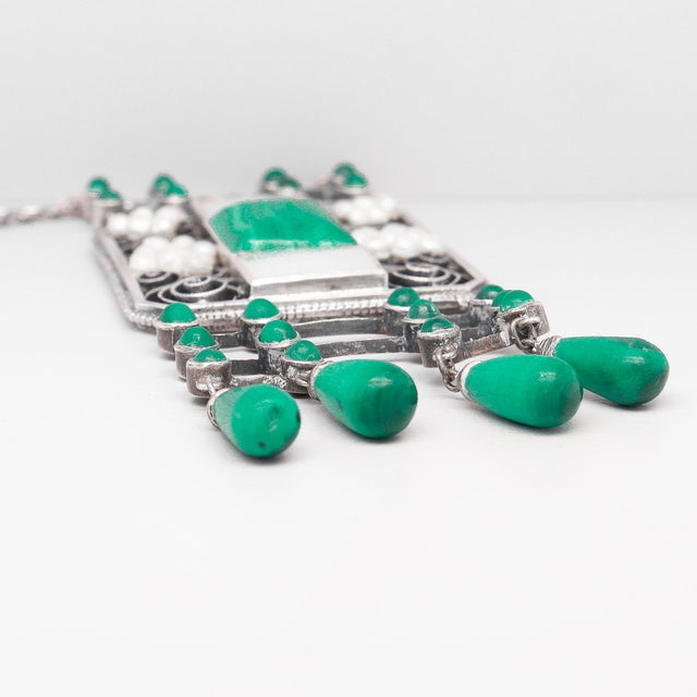 Antique Theodor Fahrner Sterling Silver, Malachite, & Pearl Jugendstil Necklace For Sale - Image 12 of 17