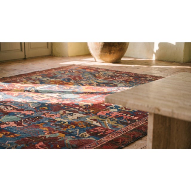 Textile 1900s Blue Abstract Tribal Antique Caucasian Sumak Rug 4'9" X 6' Handknotted Wool Carpet For Sale - Image 7 of 9