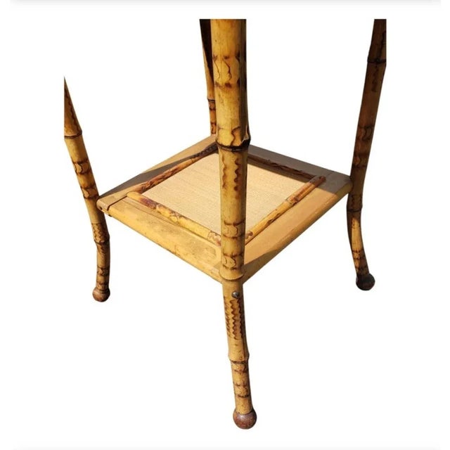 Wood Vintage Ornate Bamboo and Woven Raffia Industrial and Work Table, Side Table, Circa 1950s For Sale - Image 7 of 10