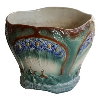 Large Vintage Art Nouveau Style Majolica Planter with Floral Decoration, 1980s For Sale
