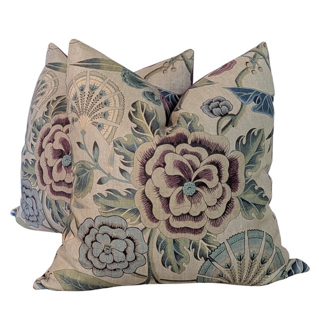 Thibaut Cleo floral pillows in Plum and Blue on Flax, with Schumacher glazed linen backs in Concord (plum). Cleo features...