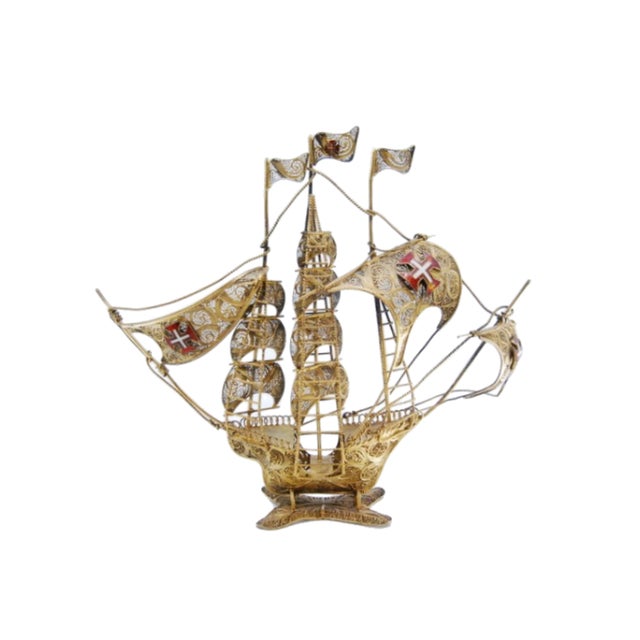 Caravel Model in Gilded Silver Filigree with Enameled Crosses on the Sails and Resting on Scalloped Base For Sale - Image 9 of 11