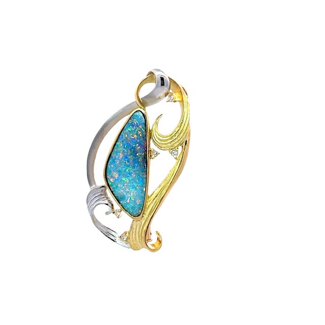 Contemporary 9.83 Carat Boulder Opal Diamond Platinum-18k Yellow Gold Brooch-Pendant For Sale - Image 3 of 6