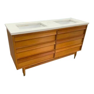 Mid-Century Modern Walnut Double-Sink Bathroom Vanity With White Top For Sale