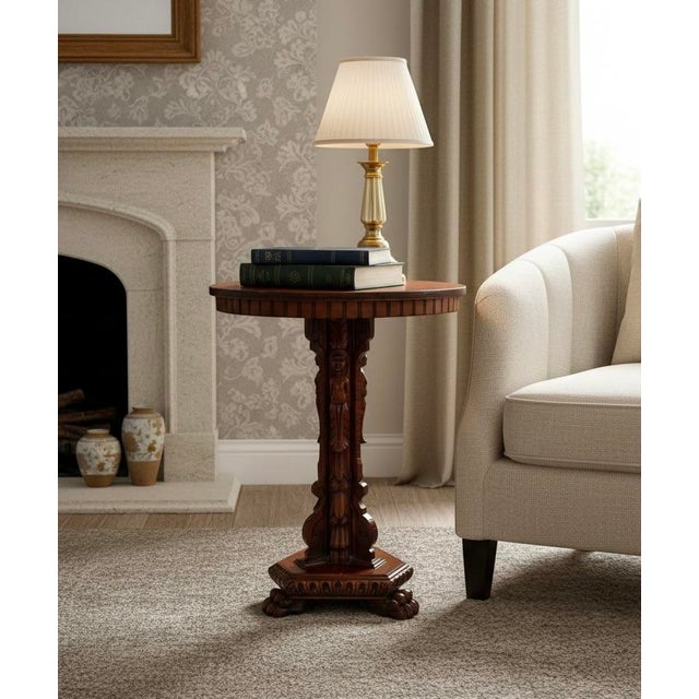 Late 19th Century Antique Carved Pedestal Table Figural Base-Lion Paw Feet-Side-Accent-Victorian For Sale - Image 5 of 11