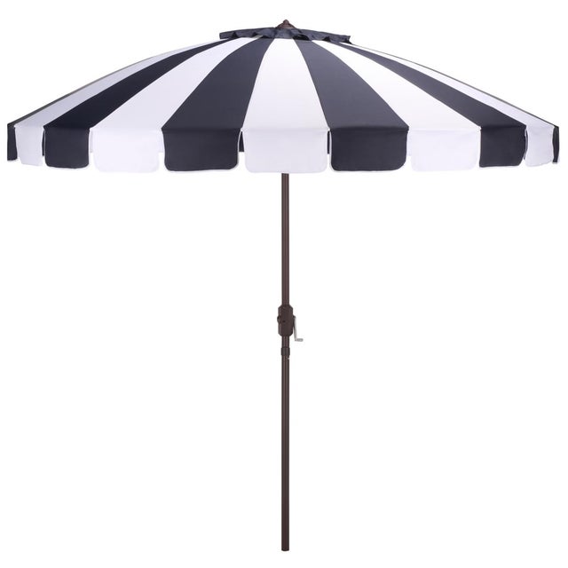 Buti 9 Ft Crank Umbrella, Navy Cabana Stripe/Brown Pole For Sale - Image 9 of 9